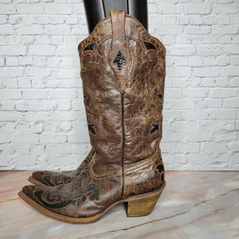 Corral Vintage Cowboy Boots  Brown Womens 8.5 Genuine Lizard Distressed 46032